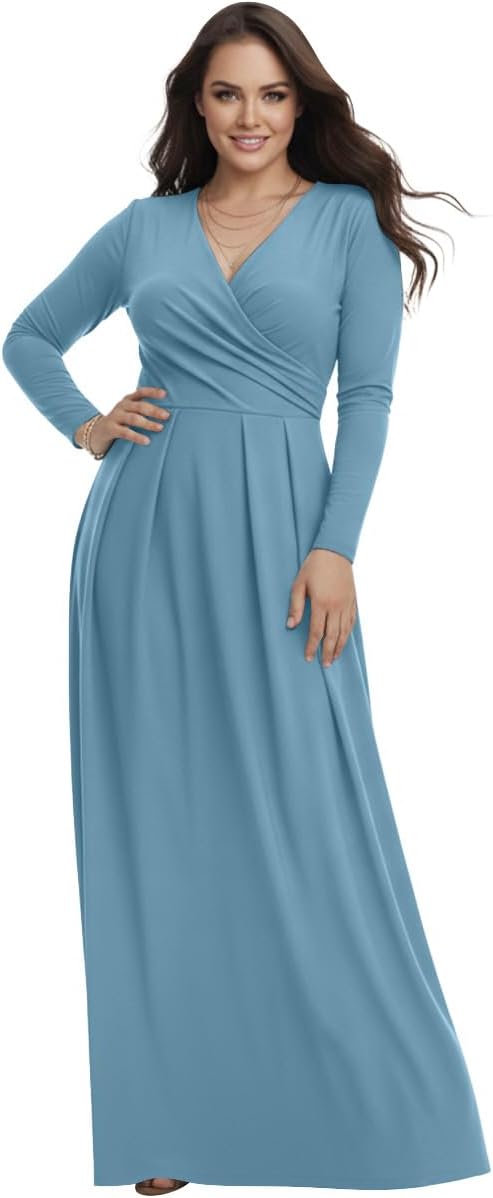 KOH KOH Womens Long V-Neck Full Sleeve Semi Formal Flowy Evening Cute Maxi Dress
