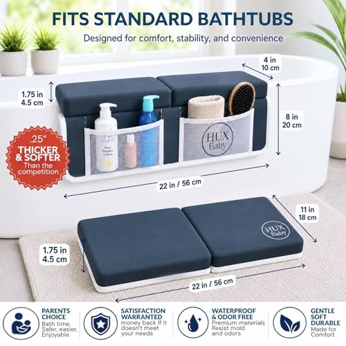 Image of Comfortable Baby Bath Kneeler and Elbow Rest Pad Set, Non-Slip Bathtub Kneeling Pad for Bathing Baby, Bath Tub Cushion Mat, Elbow Pads, Toy Organizer Storage Pockets, Strong Suction Cups (Dark Gray)
