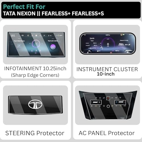 Image of Wisely Pack 4 - Screen Guard for NEW TATA NEXON (2026-25) Car Display Protector - 10.25 INCH INFOTAINMENT [Thin Corners] +10 inch MID CLUSTER + STEERING + AC PANEL Console - FEARLESS+PS Top Models Stereo Car Accessories
