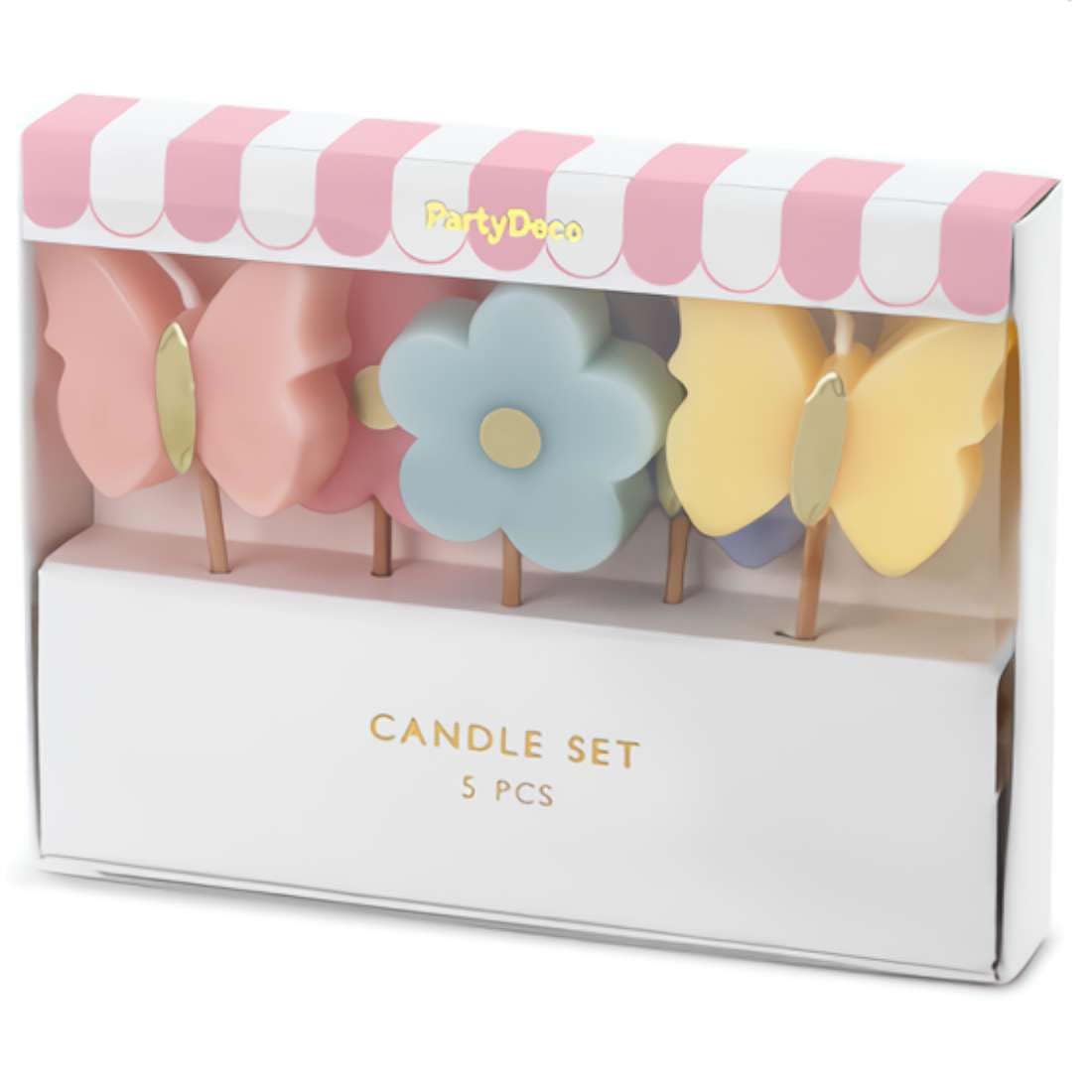 Inevitable Party Mutlicoloured Pack Of 5 Butterfly & Flower Birthday Cake Candles | Pastel Theme Coloured Cake Decorations | Assorted Colours