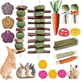 Jorewood 21 Pcs Rabbit Chew Toys for Teeth, Natural Bunny Toys Peach Wood Grass Timothy Sticks Chew and Treat for Guinea Pigs Hamster Chinchillas and Other Small Pets