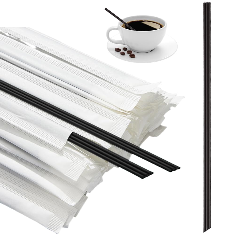 Ouliget Coffee Stirrer Sticks with Three Holes Independent Packaging, Disposable 2 in 1 Coffee Straw for Coffee, Milk, Tea, Cocktail (Black 8.7 Inch)