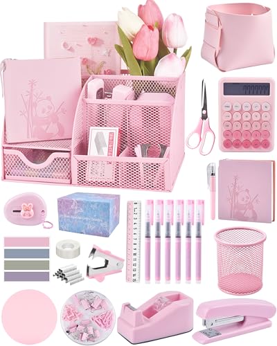 23pc Pink Desk Accessories and Organizers With Mesh Organizer Stapler Tape Dispenser Calculator and a Lot of Office Pink Office Supplies Beautifully Presented in a Gift Box