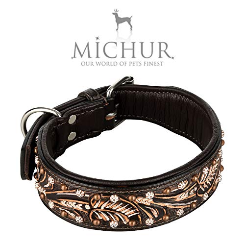MICHUR Joris Hundehalsband Leder, Lederhalsband Hund, Halsband, Leder, Schwarz Braun mit Rundnieten und Steinchen,in verschiedenen Größen erhältlich