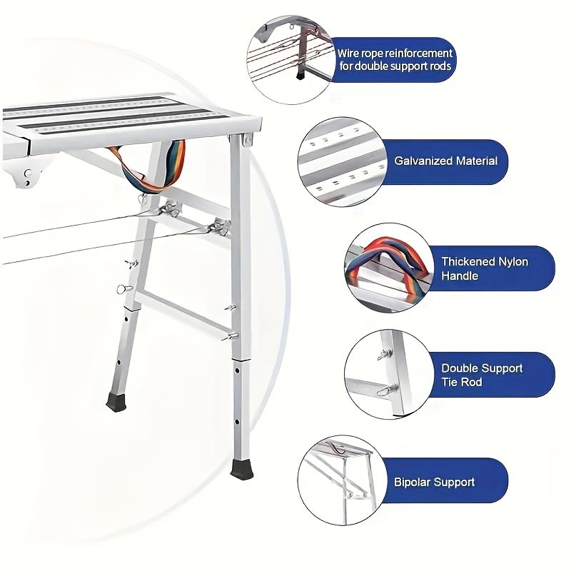 Image of Portable Folding Scaffold Work Platform, Height Adjustable Carbon Steel Step Bench, 400KG Load Capacity, Multifunctional Ladder Stool for Car Washing Painting RV Cleaning (140cm)
