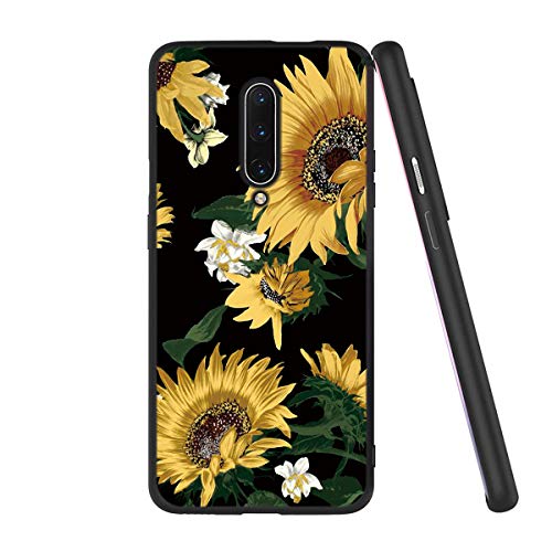 Yoedge Case for Oneplus 7 Pro, Black Silicone Back Cover with Floral Design - Oneplus 7 Pro Slim Thin Shockproof Soft Gel TPU Rubber Bumper Skin for Girls Women (Sunflower)