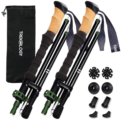 TREKOLOGY Trek-Z Cork Grip Trekking Poles – Lightweight Folding Hiking Poles, Adjustable Height, Compact Travel Design, Aircraft-Grade Aluminum Walking Sticks for Men & Women (Black with Green)