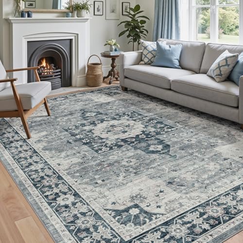 DEXI Alfombra Salon 152 x 244 cm, Alfombras Dormitorio Pelo Corto Lavable, Suave y Cómoda, Vintage Tapetes Decorativas para Sala de Estar, Habitación, Comedor, Azul Marino