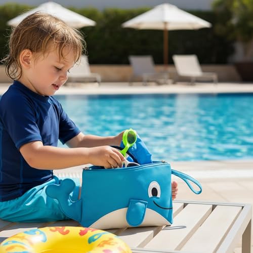 Image of Waterproof Swimming Bag for Kids | Mini Preschool Nursery Travel Backpack | Wet Dry Separation Beach Storage Bag for Boys & Girls (Whale Shape Blue-White)