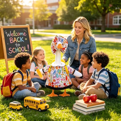 yuboo Back to School Garden Goose Outfits - 3-Piece Lawn Goose Clothes Set with Doodle Dress, Ruffled Bonnet, Yellow Backpack for 23'' Porch Goose (Goose Statue Not Included) — view 5