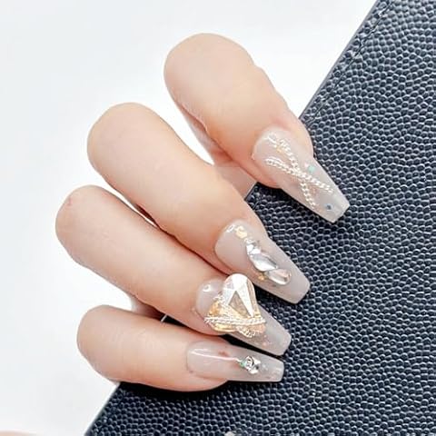 Press on Nails, Handmade Middle Square Fake Nails, Easy to Replace False Nails for Wedding, Party, Birthday. Stick on Nails with Storage Box 10 Pcs (Gem Beach, S) Cover