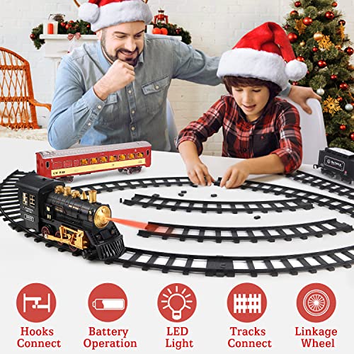 Image of aotipol Electric Toy Train Set Including Passenger Coach with Lights, Steam Locomotive with Realistic Sounds & Headlight, Coal Car - Christmas Train Sets Under the Tree, Gift for Kids Black