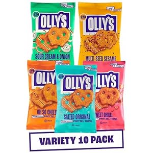 Olly’s Pretzel Thins, New Variety Pack, 35g (Pack of 10), x2 Salted, x2 Multi Seeded, x2 Sour Cream, x2 Sweet Chilli x2 Cheesy, Low Calorie Snacks, Low Fat, Source of Fibre, No Preservatives