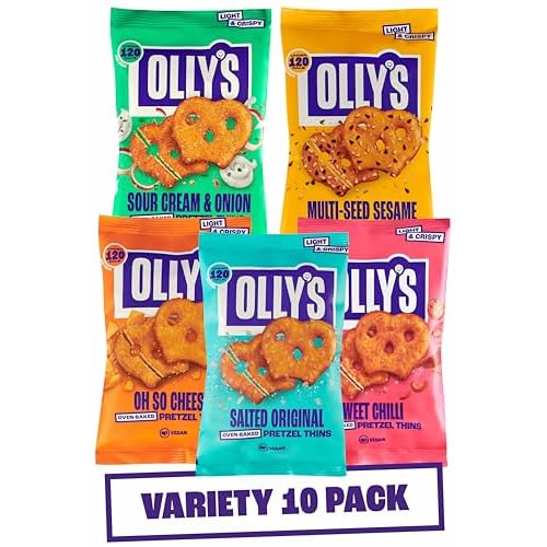 Olly’s Pretzel Thins, New Variety Pack, 35g (Pack of 10), x2 Salted, x2 Multi Seeded, x2 Sour Cream, x2 Sweet Chilli x2 Cheesy, Low Calorie Snacks, Low Fat, Source of Fibre, No Preservatives