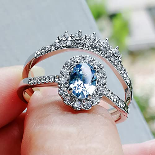 2023 Silver Oval Lake Blue Zircon Ring Set, 2Pcs Fashion Exquisite Luxury Stackable Gemstone Ring Engagement Wedding Jewelry Birthday Gifts For Women And Girls, Size 6-11 #TOP4
