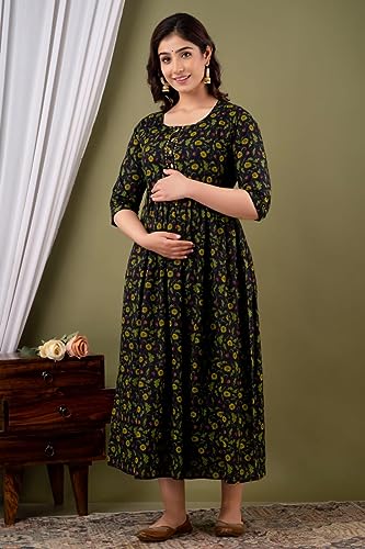 Image of Maternity Feeding Kurti for Women | Cotton Blend Anarkali Dress with Nursing Zip for Pre & Post Pregnancy