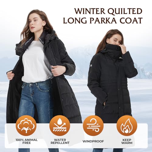 IKAZZ Women's Winter Coats, Thickened Warm Insulated Vegan Down Long Parka Jacket with Hood2