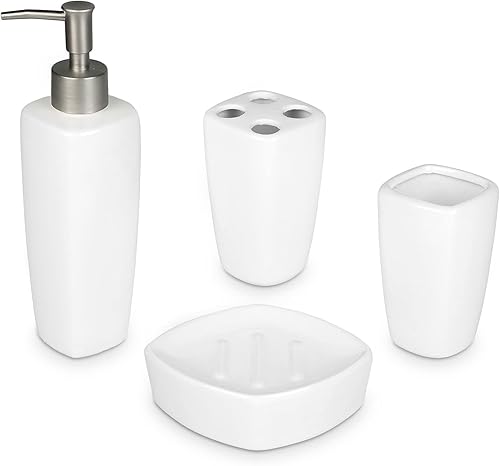 Miniatura 5 de MyGift Juego de accesorios de baño de cerámica blanca de 4 piezas con bomba dispensadora de jabón, soporte para cepillos de dientes, vaso y jabonera