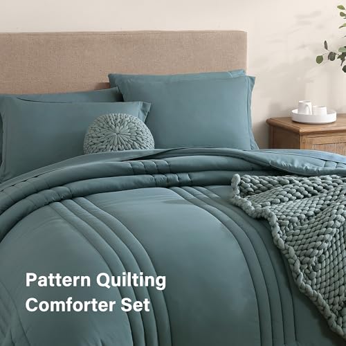 Monbix Queen Comforter Set - 7 Pieces Blue Green Bed in a Bag Queen Bedding Sets with Comforters, All Seasons Comforter Bed Set with Sheets,Pillowcases & Shams — view 3