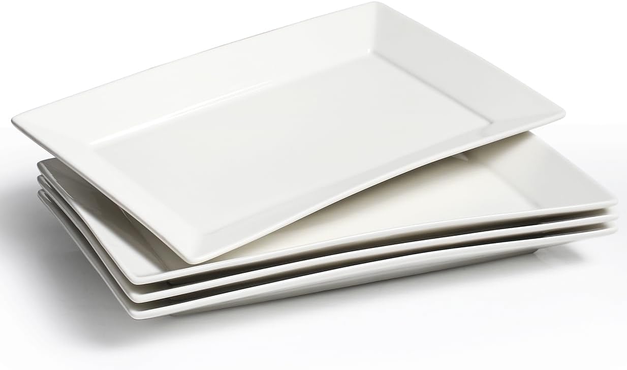 AISBUGUR 13" Serving Platters and Trays, White Serving Platters Set of 4, Large Platters for Serving Food Party, Daily and Entertaining, Ceramic Rectangular Plates for Steak, Taco, Snack, Appetizer