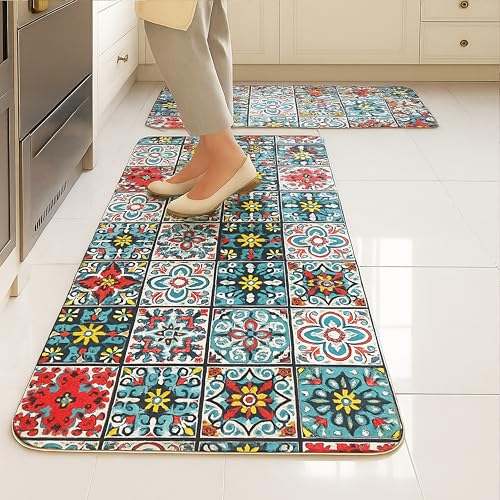 Image of HOMEZE Kitchen Mats for Floor Set of 2 | Non-Slip, Soft Absorbent Rugs with Rubber Backing | Washable Cushioned Anti-Fatigue Mats for Kitchen, Sink & Laundry (40x120 cm + 40x60 cm, Multi-Color)