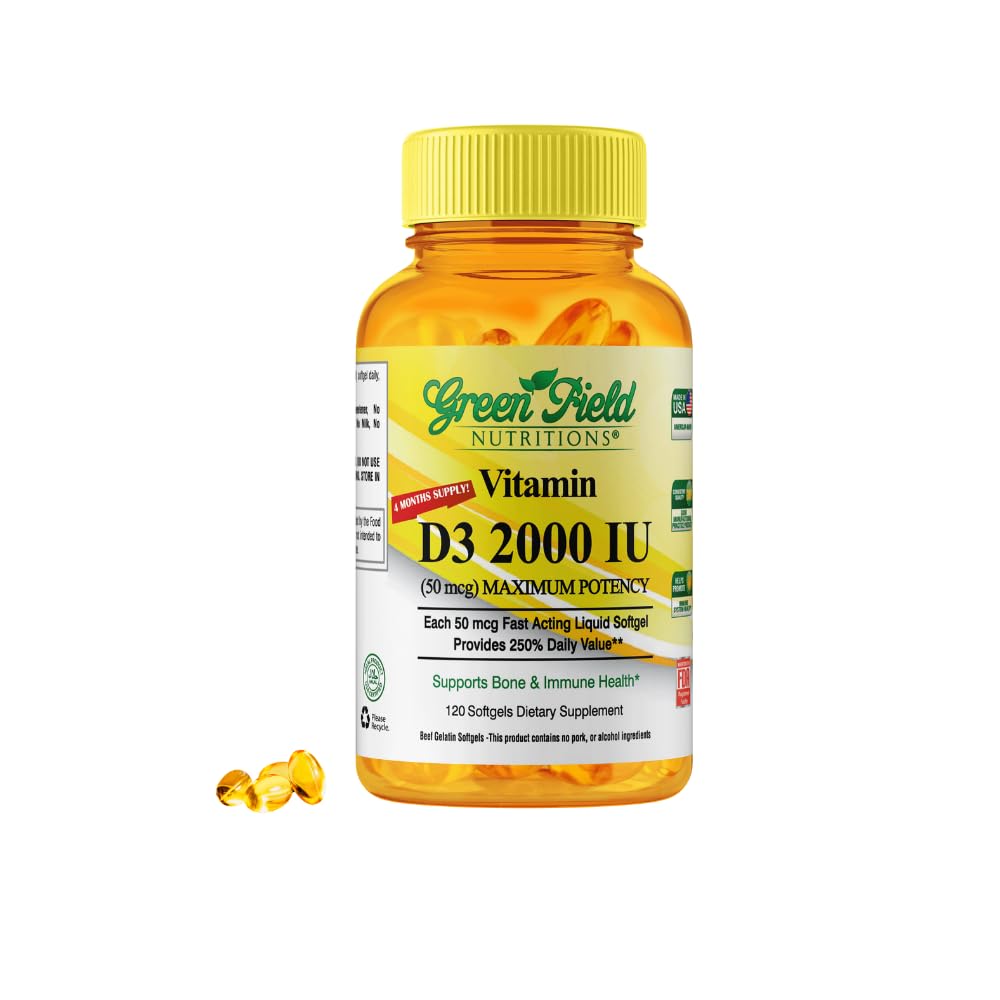 Greenfield Nutritions Halal Vitamin D3 2000 IU Softgel - 50 mcg High Potency D3, 120 Unflavored Mini Softgels - Halal Vitamins D with Halal Beef Gelatin, Supports Immune Bone Teeth Brain and Hair