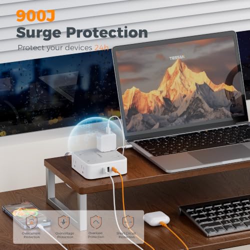 Image of TESSAN Surge Protector Power Strip, 15 Ft Flat Plug Extension Cord with 3 USB (1 USB C 20W PD) 8 Outlets, 1250W, 900J Protection, 3 Sided Outlet Extender with Power Switch for Office, Dorm Room, Grey