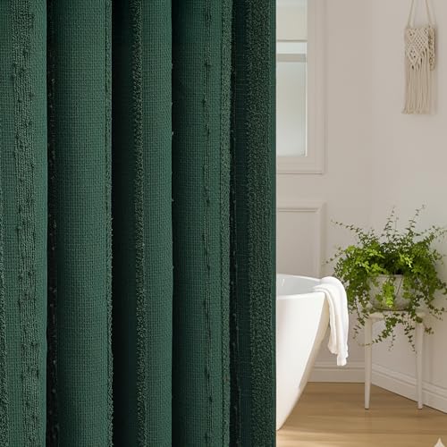 Lameirose Dark Green Shower Curtain Boho, Cotton Blend Waffle Shower