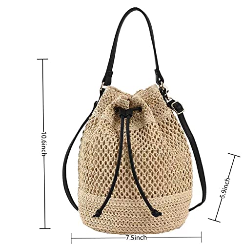Image of Women Straw Drawstring Bucket Purse Small Tote Shoulder Handbag Hollow Out Cross-body Bag for Summer,Beach | Straw