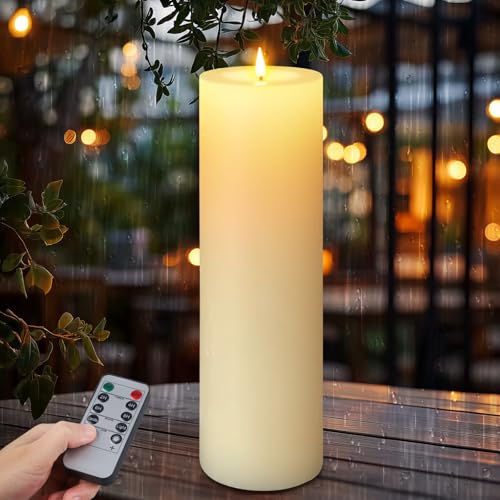 Image of 14 inch x 4 inch Large Outdoor Candles, Waterproof Flickering LED Flameless Candles with Timer, Battery Operated Candles with Remote Control Realistic Fake Pillar for Patio Porch Lanterns, Ivory 1 Pack