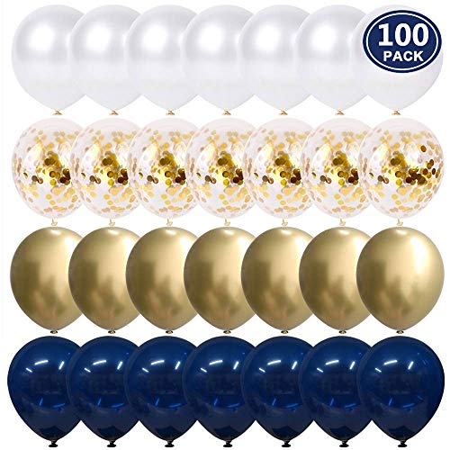Navy Blue and Gold Confetti Balloons, 100 pcs 12 inch Pearl White and Gold Metallic Chrome Birthday Balloons for Celebration 2020 Graduation Party Balloons 
