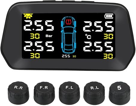 Smart Solar TPMS Tyre Pressure Monitoring System Tools Tire Guard Pressure Monitor USB/Solar Charging 6 Alarm Modes, Auto Sleep Mode, Tire Position Exchange, 5 TPMS Sensors 0-116PSI