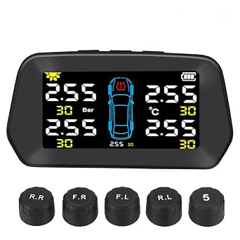 أدوات نظام مراقبة ضغط الإطارات بالطاقة الشمسية الذكية TPMS مراقبة ضغط واقي الإطارات USB/شحن الطاقة الشمسية 6 أوضاع إنذار، وضع السكون التلقائي، تبادل موضع الإطارات، 5-أجهزة استشعار خارجية 0-116PSI