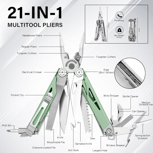 Image of Pro-Grade 21-in-1 Multitool with Pliers & Tungsten Carbide Cutters | Spring Scissors, Window Breaker, Serrated Blade - Heavy Duty EDC Tool for Emergency, Hunting, Fishing, DIY, Mint Green