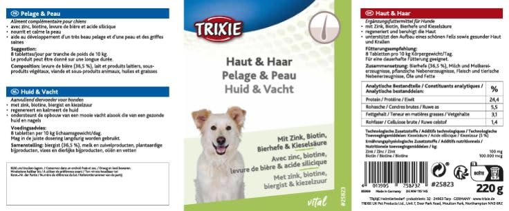 Trixie Haut & Haar-Tabletten | Doppelpack | 2 x 220 g | Ergänzungsfuttermittel für Hunde | Zur Regeneration und Beruhigung der Haut | Mit Zink, Biotin, Bierhefe und Kieselsäure