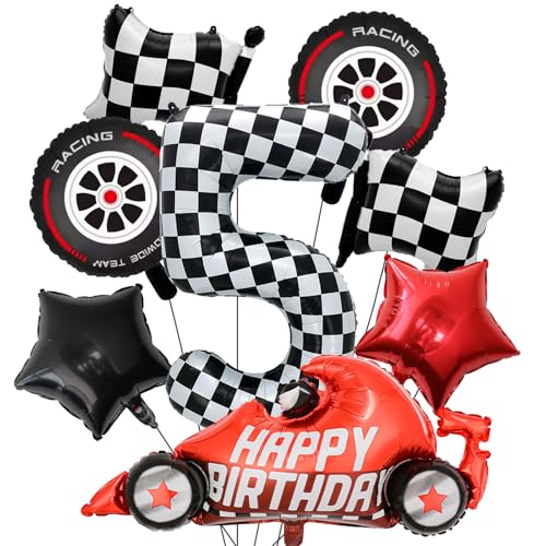 Zlongron 10-piece set of race car birthday party decorations balloons, 40-inch black and white checkered striped number 5 balloons, suitable for racing theme party decorations (number 5) by Zlongron - Used condition - US$6.71