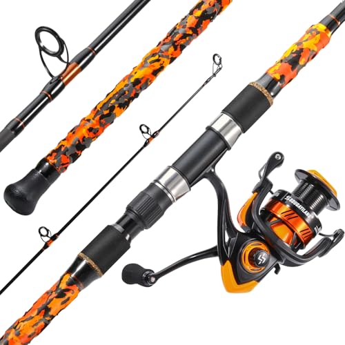 Sougayilang 3 Piece Surf Fishing Rod Combo Medium/Heavy Travel Spinning Rod with 5000 Size Reel Baitfeeder Combo(9Orange)
