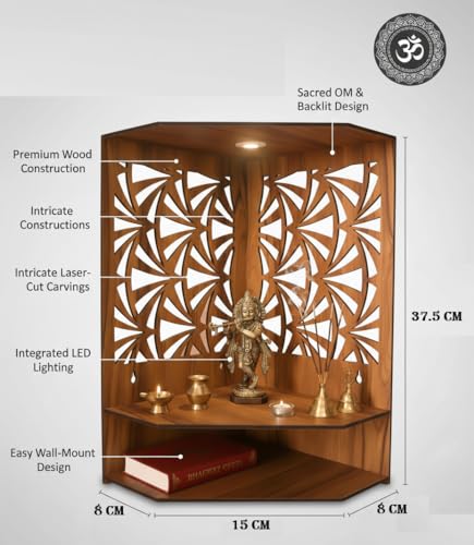 Image of Royal Walnut Finish Wooden Pooja Mandir | Wall Mounted Home Temple with LED Lights & Spacious Storage | Premium Handcrafted Puja Unit (37.5 * 29 * 25 CM) (Large) A7