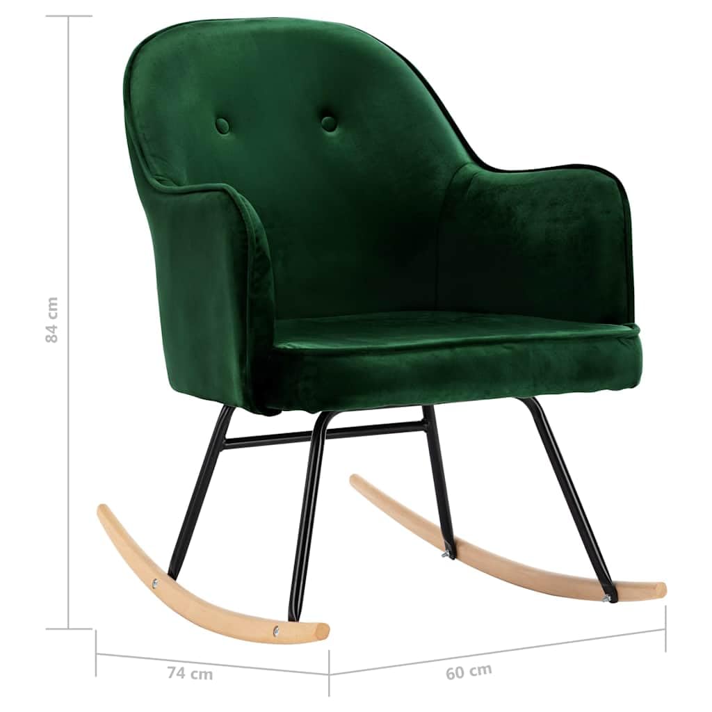 Mecedora de terciopelo verde oscuro con patas de madera de haya y estructura de hierro pulverizado, 60 x 74 x 84 cm, asiento acolchado, silla balancín ergonómica para salón, dormitorio