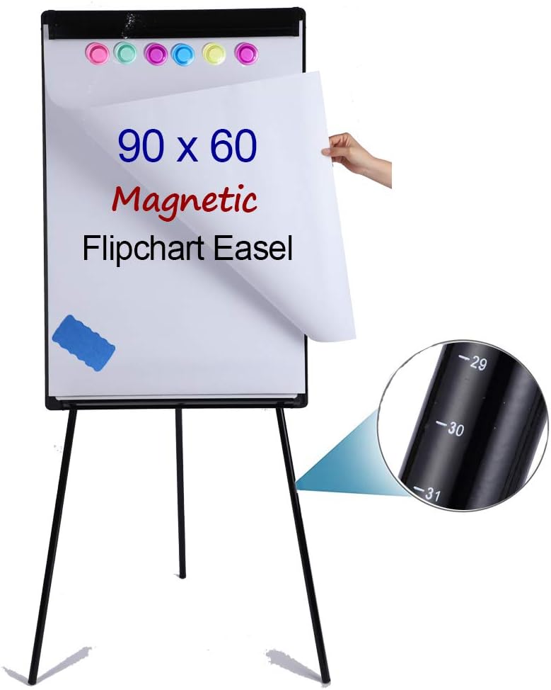 Portable Magnetic Dry Erase Board Easel 90 x 60 cm |Portable Whiteboard Flip Chart Easel with Tripod Stand, w/Flipchart Pad, Magnets & Eraser, Black
