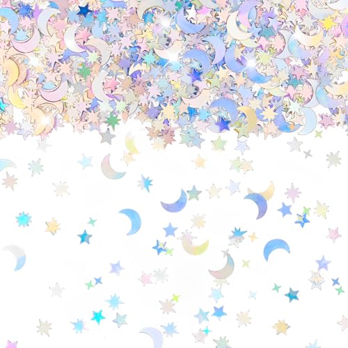 4000 Pcs Star Confetti Glitter Confetti Holographic Metallic Star Glitter Holographic Moon for Party Decorations Wedding Birthday Festival DIY Unicorn Theme Silver 10mm