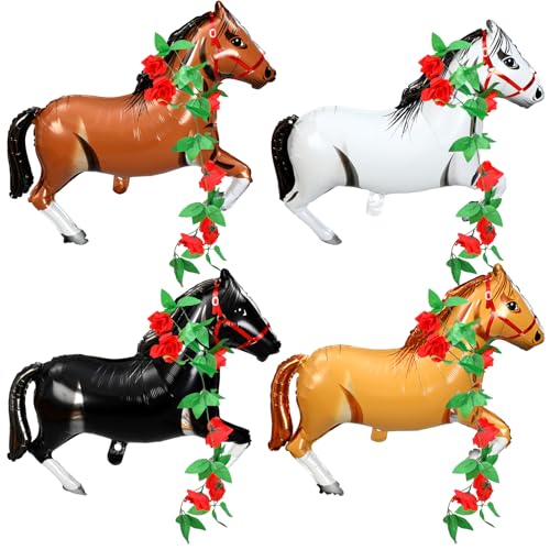 Gejoy 8 Sets 30 Inches Derby Horse Balloon with 52FT Artificial Roses Vine Aluminum Foil Inflatable Horse Party Decoration Western Cowgirl Themed Balloons for Cowboy Birthday Baby Shower Party Decor