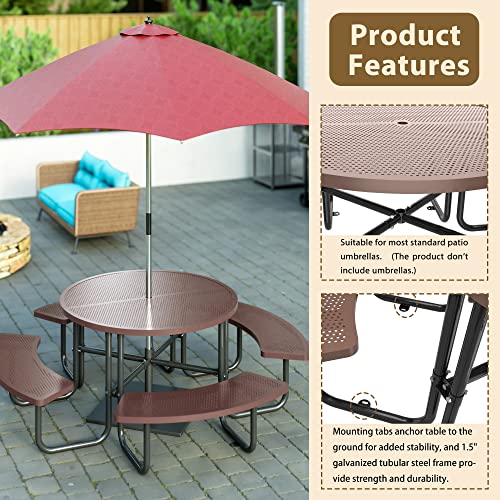 Round Steel Commercial Metal Picnic Table 46" For Outdoor, With Umbrella Hole Of Up To 1-1/2" Diameter, Brown #TOP5