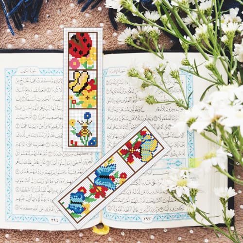 Image of BEUNITONE 6 Pcs Insects Cross Stitch Bookmark Kits for Beginners Bookmark with Butterflies Dragonflies Pattern Counted Cross Stitch DIY Stamped Embroidery with Instructions for Book Lover 8''x2.4''