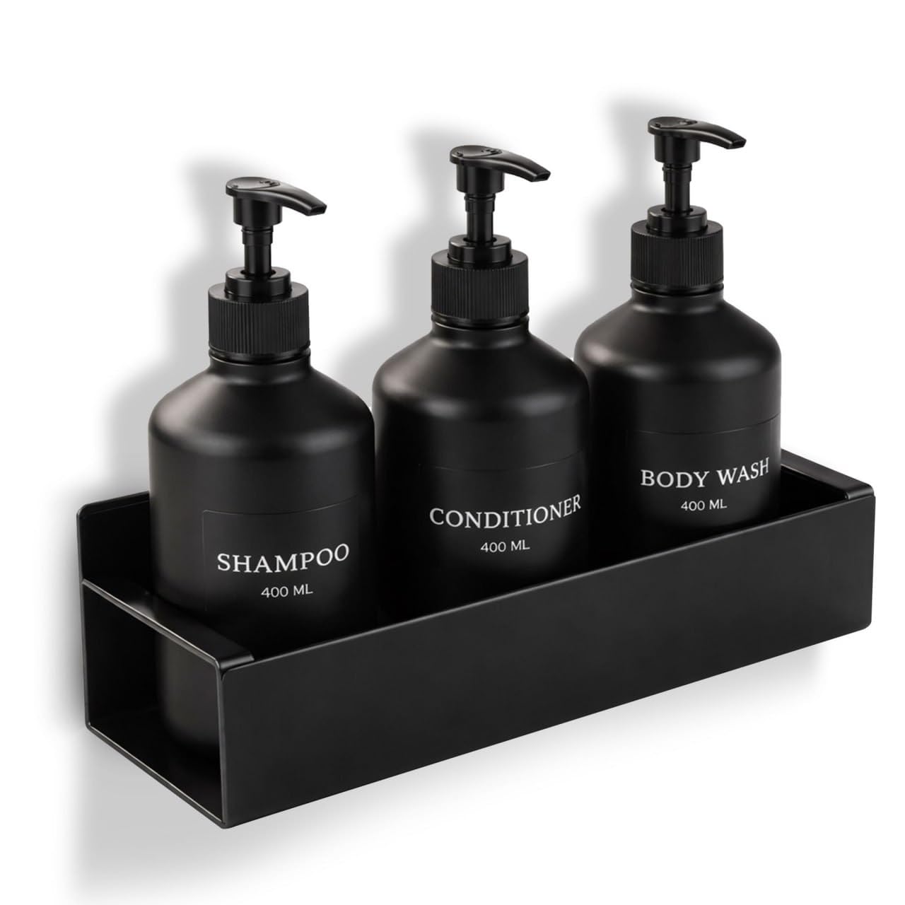 Refillable Shampoo and Conditioner Dispenser Shower Soap Dispenser Wall Mounted Black Metal Organiser Plastic Bottles Black Pump Shampoo Dispenser, Shower Dispenser Chamber 400ML Bottel (Metal Stand)