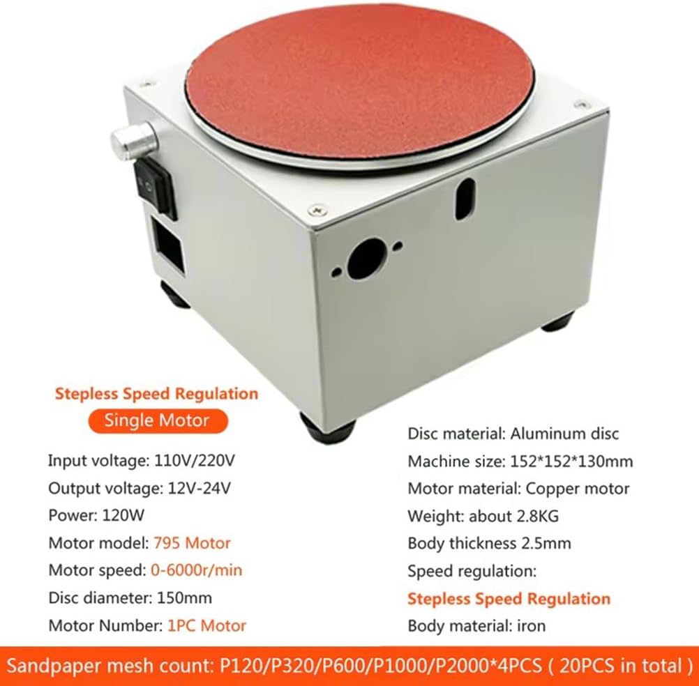 Mini Tabletop Disc Sander, 6" Electric Bench Sanding Machine, Sanders for Woodworking, Forward/Reverse Switch, Stepless Speed Control 0-6000 RPM, 20 Sandpapers