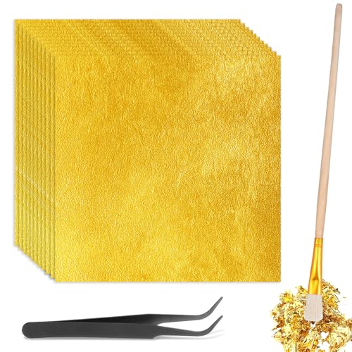 200 Blatt Goldfolie Flocken Blattgold Essbar mit Pinzetten und Bürsten 14x14cm Blattgold Papier zum Basteln Blattgold Torten Deko für Küche Mousse Kuchen Backen Handwerk Nägel Dekoration