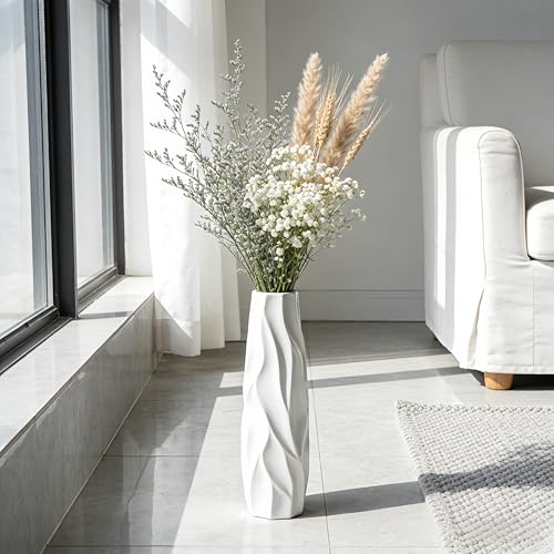 White Tall Ceramic Floor Vase, 15.7 Inch, Pleated Wave Design - Image 2