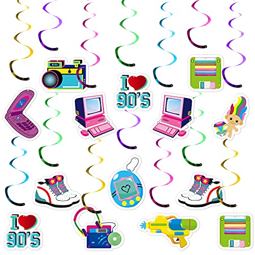 WATINC 30pcs I Love 90S Hanging Swirls Set for 1990s Retro Party Decor, Back to The 90â€™s Swirls Whirl Card for Birthday Neon Party Supplies, Retro Nostalgia Spiral for 1990s Disco Rock and Roll Party
