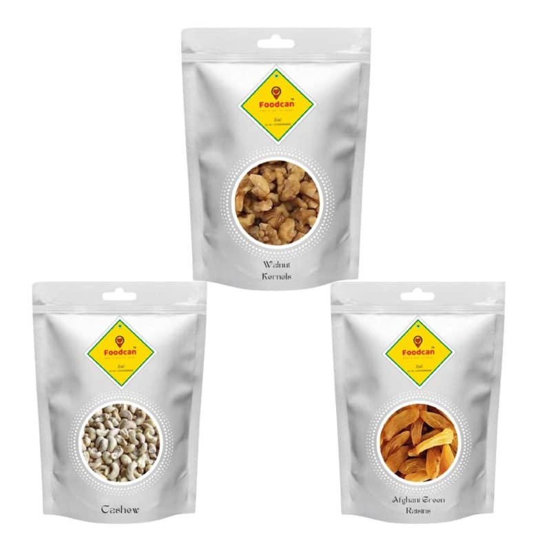 Foodcan Dry Fruits Combo Pack | Cashew 250 Gms + Green Raisins 250 Gms + Walnut Kernels 250 Gms | 750 Gms